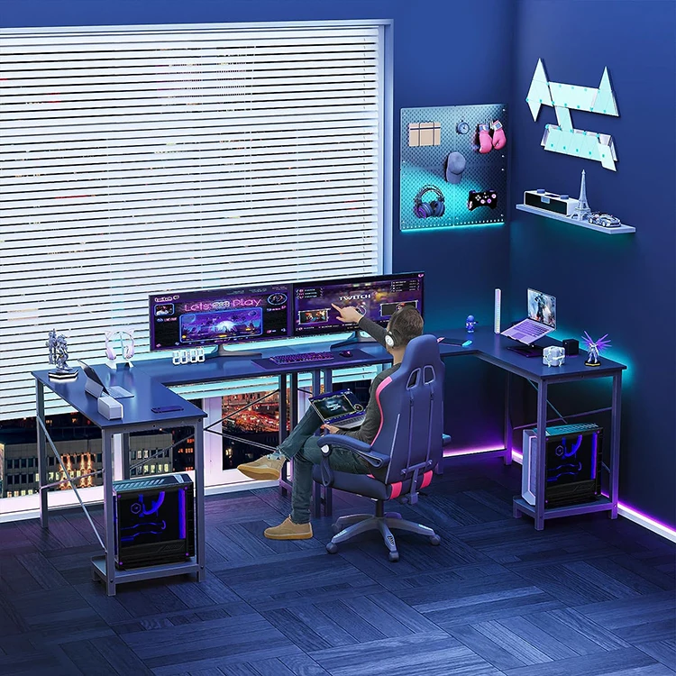 New Arrival Factory Directly Sale Gaming Tables L-Shaped Large Space Black Gaming Computer Desk Table