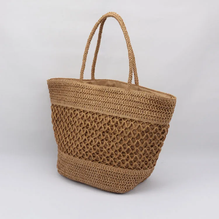 Simple Design Camel Woven Beach Bags Natural Straw Beach Bgas Machine Weaving Paper Straw Bag With Match Color Lining For Women