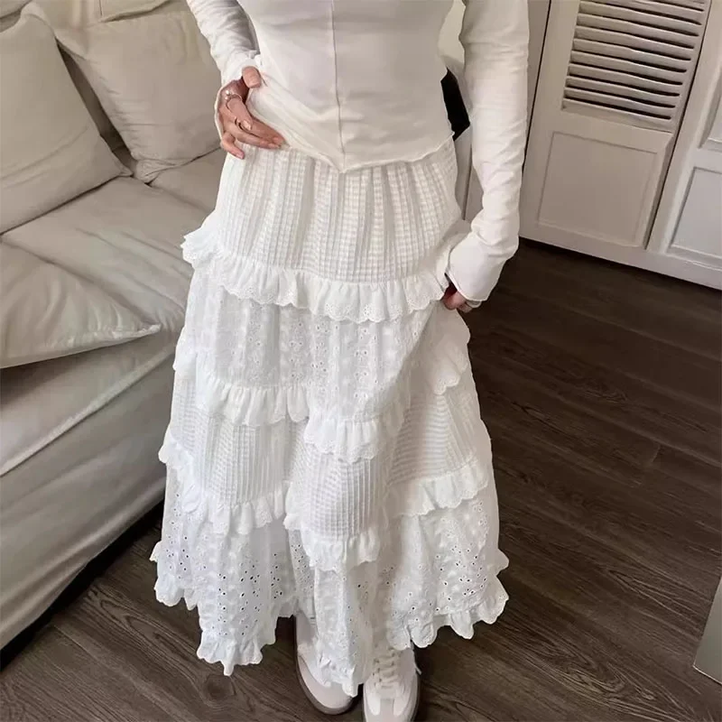 Women White Lace Skirts High Waist A-line Simple Cake Dress Multilayer Ruffles 2024 Spring Summer Ladies Elegant Pleated Skirts