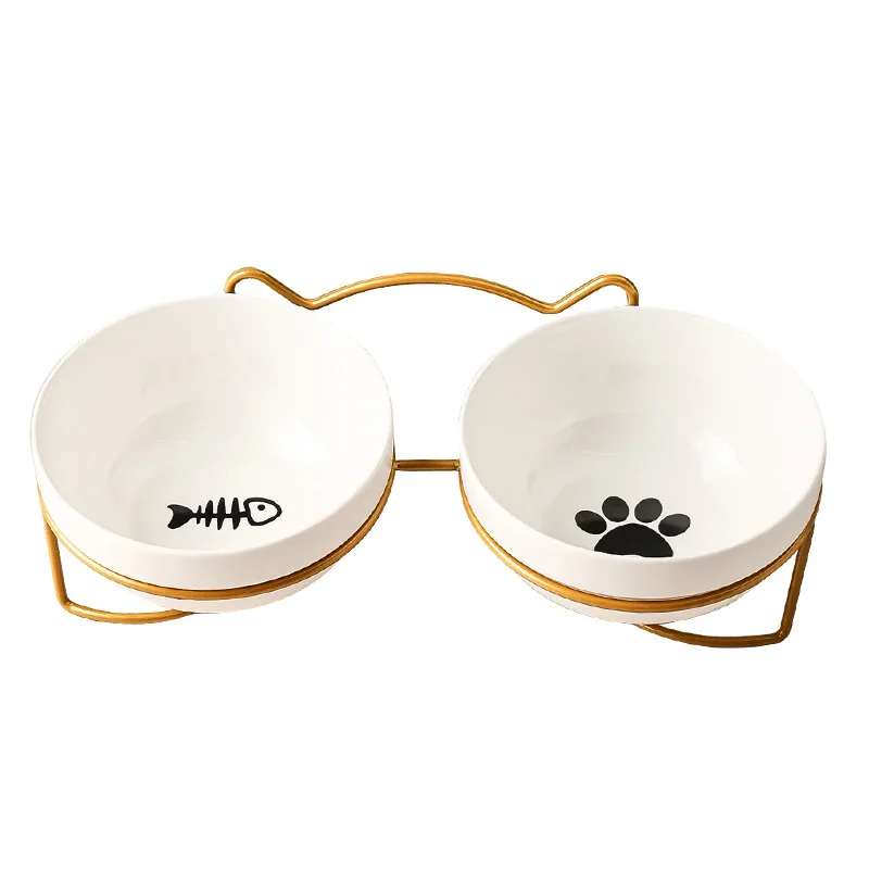 Manufacturer New Design Pet Bowl Protect The Spine Cute Cat Footprint Ceramic Cat Food Double Bowl