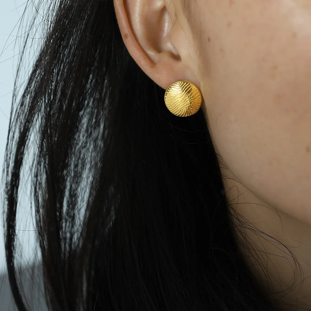 France Style High Quality Real Gold Plated Stainless Steel Irregular Pattern Round Disc Stud Earrings For Women