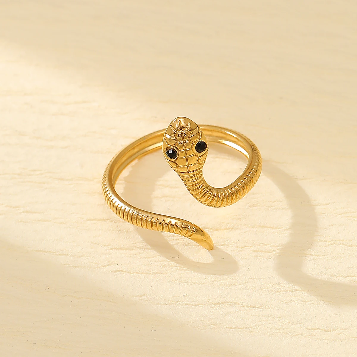 Personality Serpentine Snake Ring 18K PVD Gold Plated Stainless Steel Snake Eye Zircon Adjustable Open Ring Women Jewelry