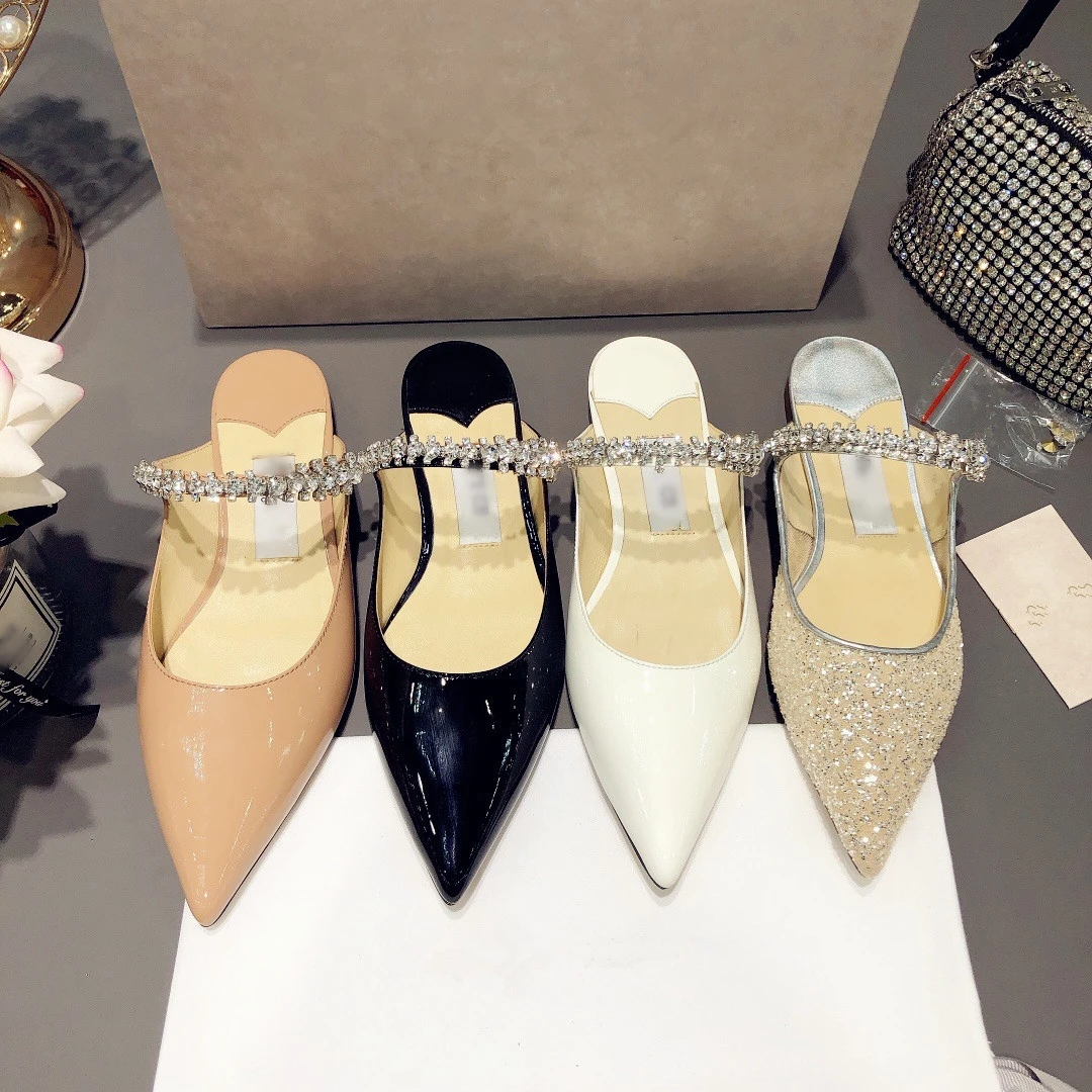 Wholesale designer brand sandal fashion ladies rhinestone flat slipper summer sequins pointed toe sandals for women