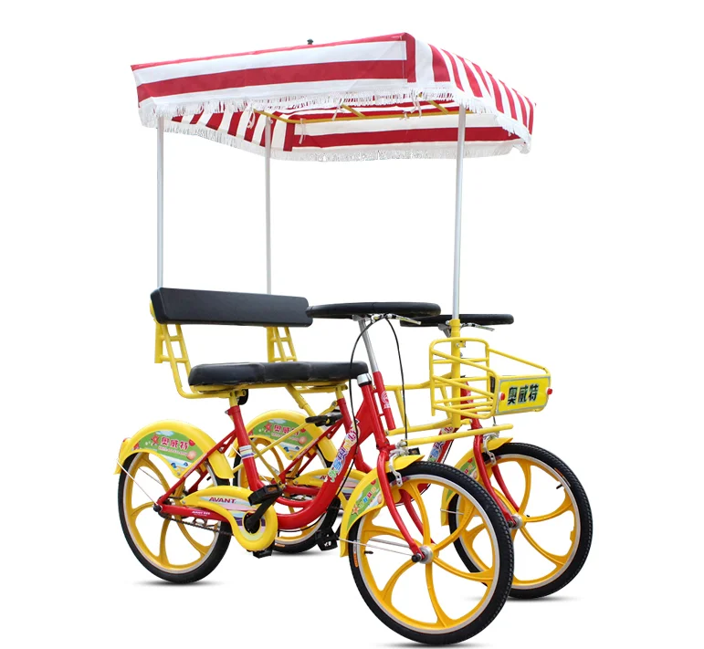 Park car tandem bicycle two people riding four wheels family tourism rental one wheel sightseeing bicycle