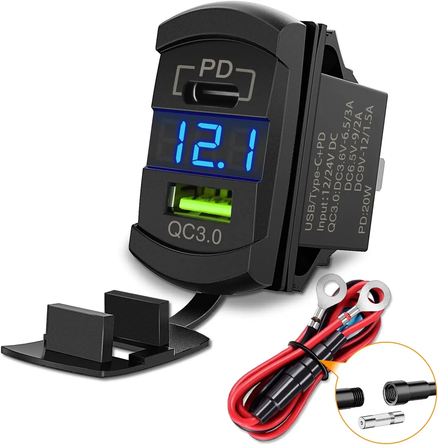Rocker switch type usb charger pd type USB charger blue rocker style Charger with voltmeter in rocker  for auto car marine boat