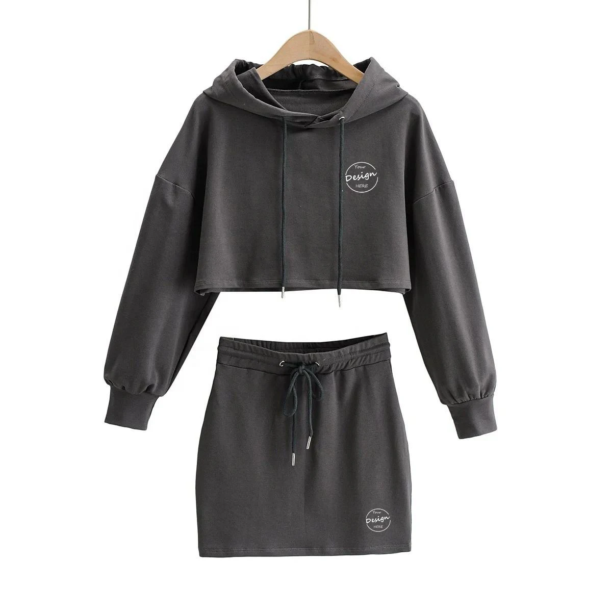 Spring Fashion Long Sleeve Crop Top Hoodie And Mini Skirts Set Two Piece Skirt Sets Women Outfits Casual Solid Color Dress Set