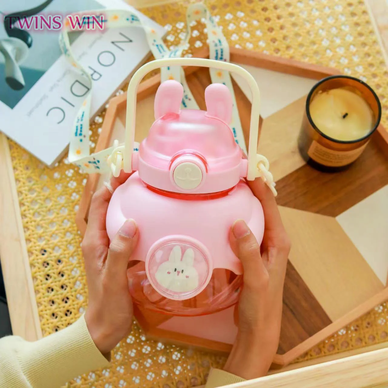 Wholesale large capacity cartoon water cups girls and students water bottles with straw plastic cute animal water bottle 004A