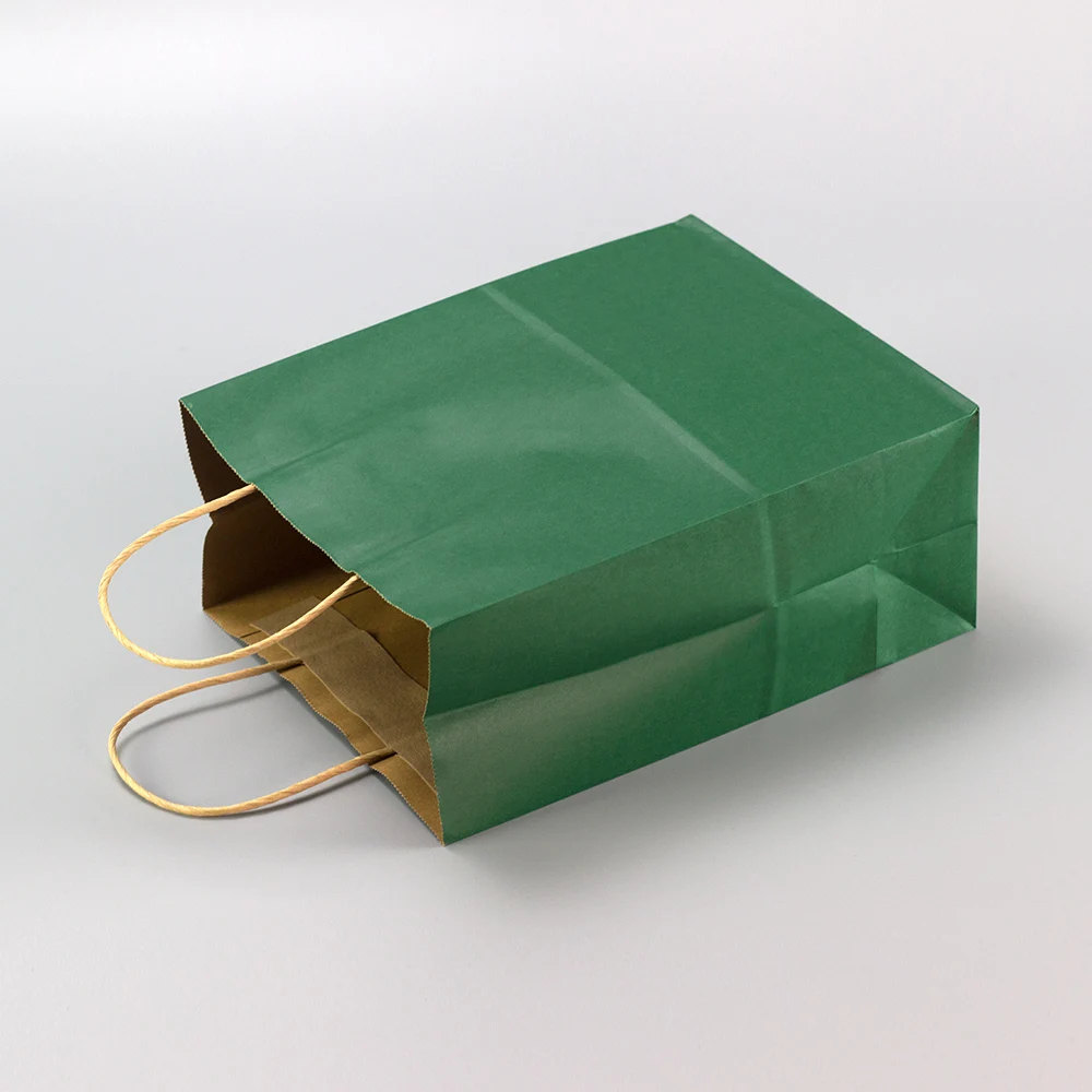 Recyclable Eco-Friendly Reinforced Handle Craft Paper Bag Custom Printed Logo Solid Durable Bottom Green Brown Kraft Paper Bag