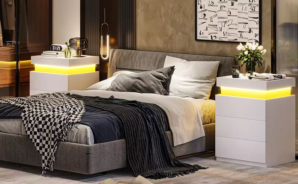 Charging Station Power Strip Led Light Bedroom Furniture Wooden Modern High Glossy UV Marble Nightstand Table