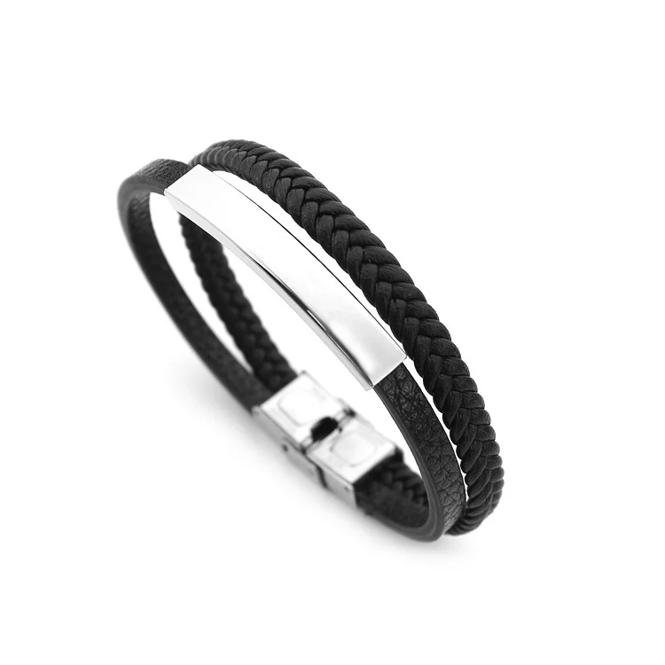 По оптовым ценам роскошные черные кожаные мужские Магнитная застежка Простой встроенный в транспортное средство с подвеской из нержавеющей стали ювелирные изделия браслет натуральной кожи браслеты