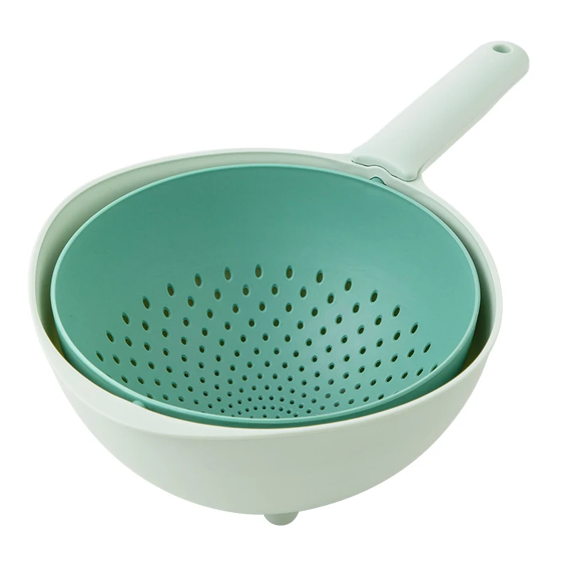 Double-Tier Plastic Kitchen Fruit Vegetable Drainer Colander Basket With Long Handle Rotating Plastic Drain Basket