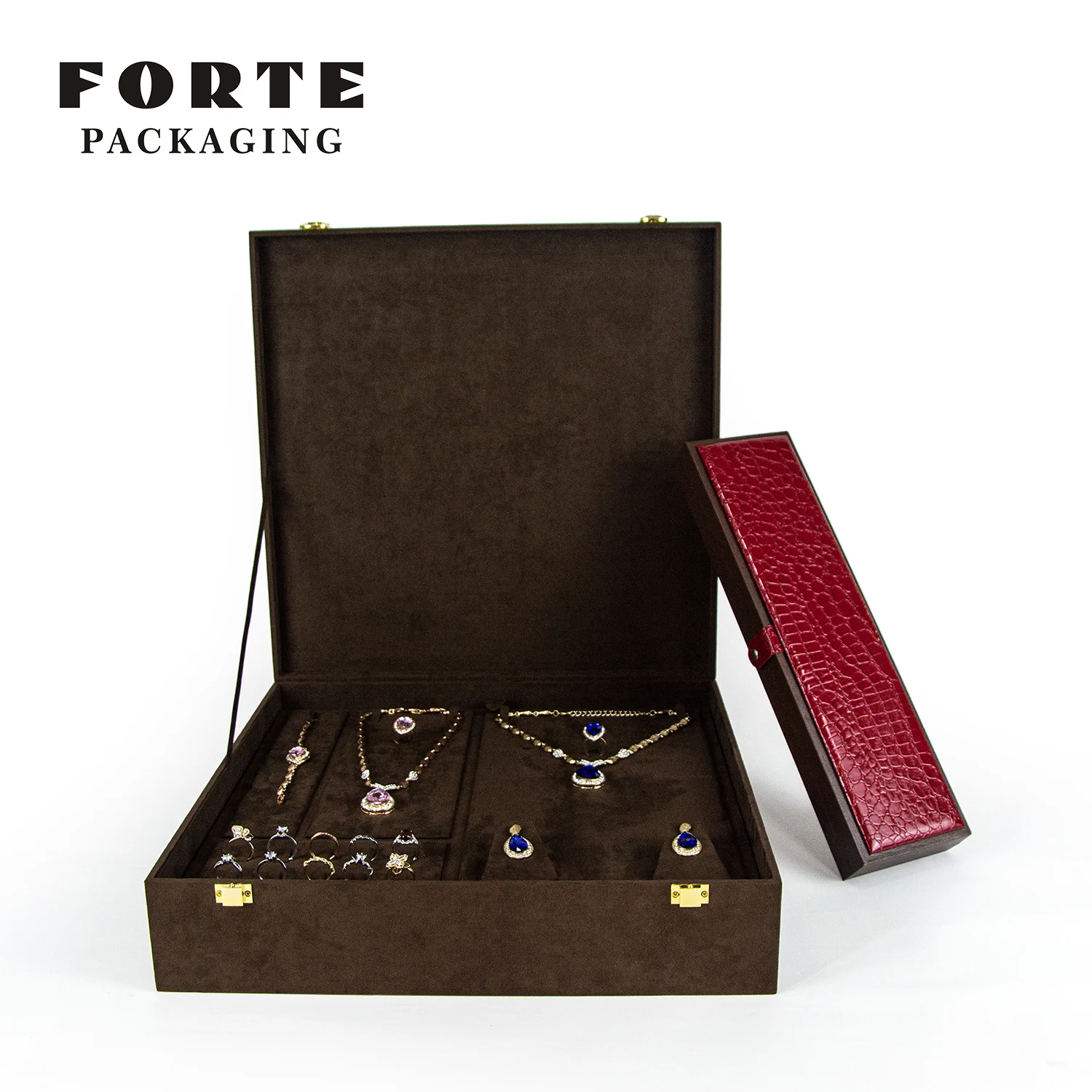 FORTE Custom Logo Travel PU Leather Jewelry Box Set Luxurious Jewelry Organizer Portable Large Jewelry Storage Box With Lock