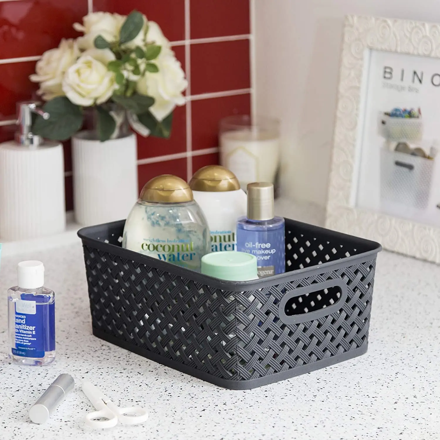 
Plastic Storage Baskets Small Pantry Organizer Basket Bins Household Organizers with Cutout Handles for Kitchen Organization 