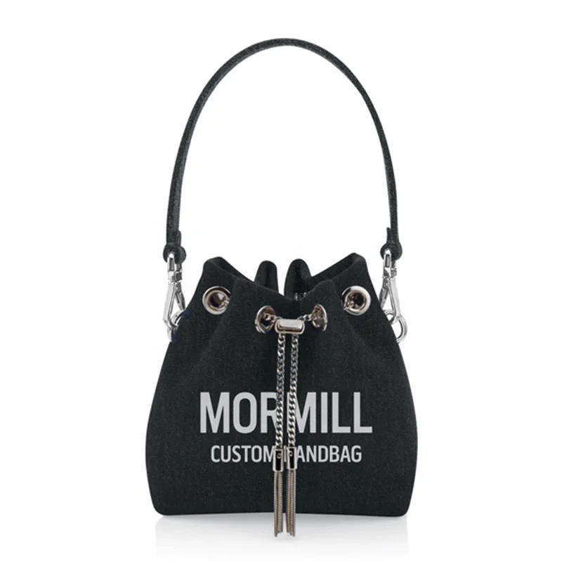 Trendy Drawstring Tassel Large Capacity Shoulder Vintage Bucket Bag Custom Denim Bags Women