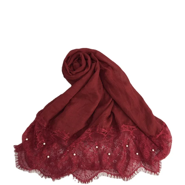 Custom fashion muslim pearl hijabs stole shawl arabic winter colour solid color cotton scarf lace hijab