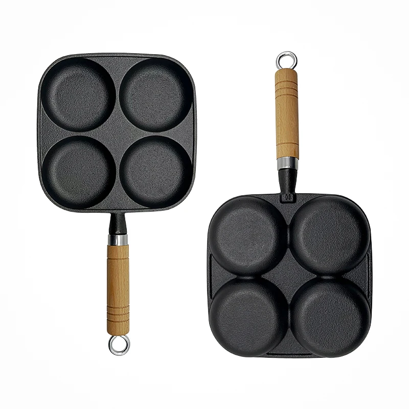 Cast Iron Non Stick  Square 4 In 1 Egg Frying Pan Removable Wooden Handle Pan Set Breakfast Frying Pan