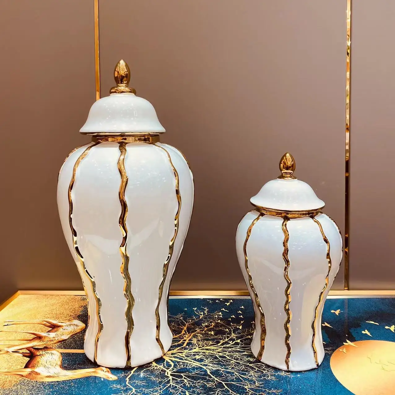 Ceramic Ginger Jar  Hot Sale Custom White and Gold Electroplating Large Tall Decorative Jar vase For Flower