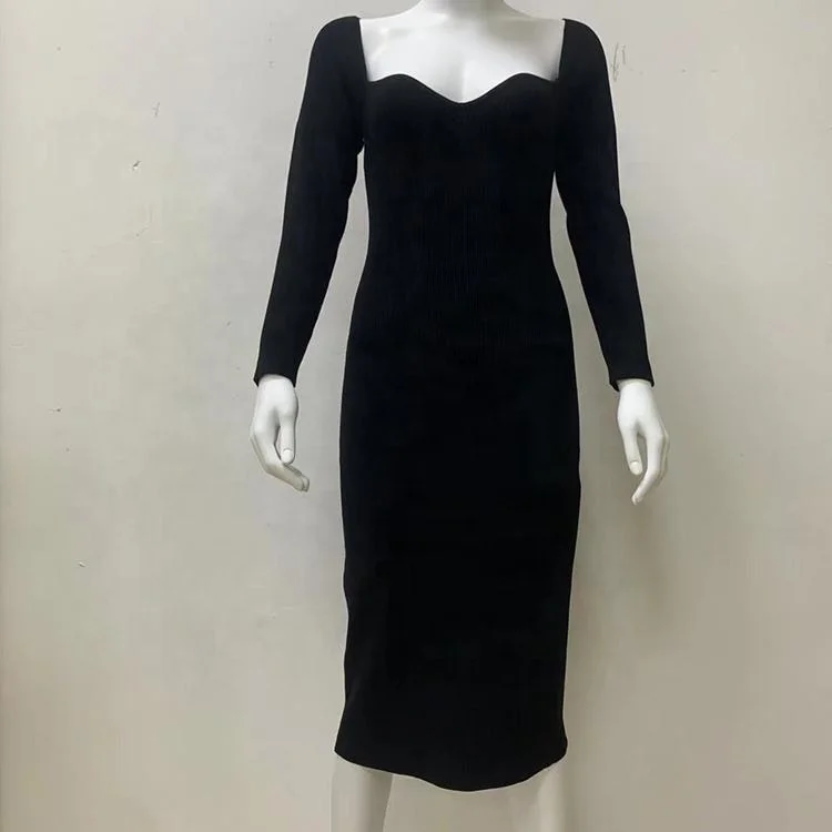 New ribbed knit dress manufacturers custom ladies long sleeve low collar sexy Midi dress tight ball women dress