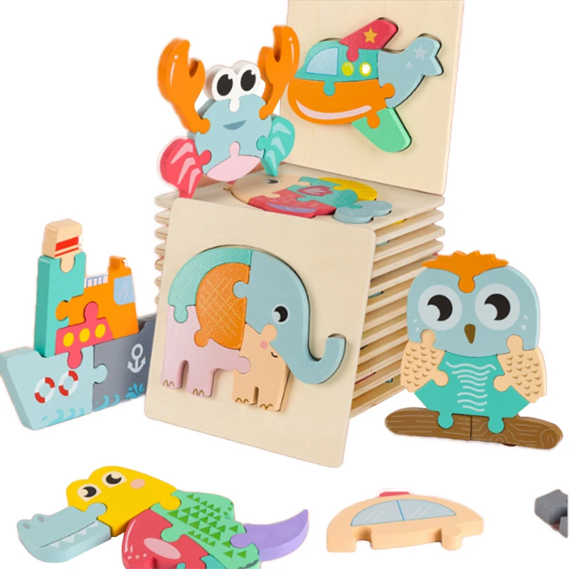 Hot Selling  Wooden 3d Puzzles Montessori Game Toys Children Wood Jigsaw Puzzle Educational Toys for kids