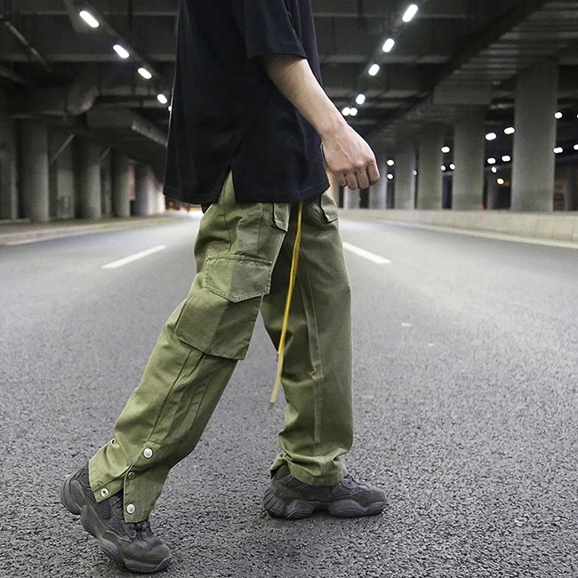 
stock multi pockets washed distressed trousers men plain color elastic drawstring cargo pants side button casual wear custom 