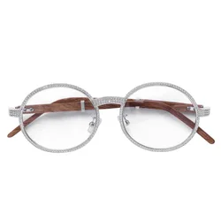 Fashion Jewelry Bling Bling Full Iced Out Glasses HipHop Lab Diamond Eyeglass With Wooden Temple