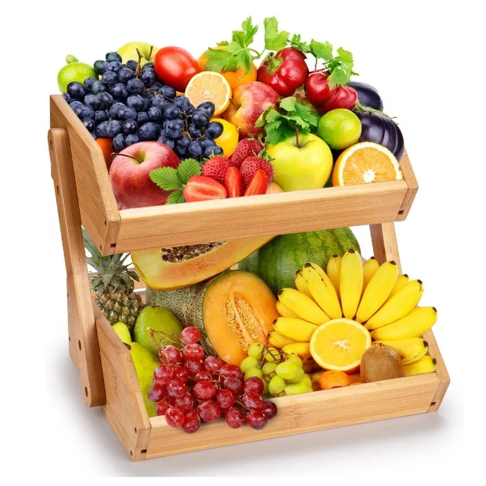 Vegetable Storage Stand for Fruit Shop Kitchen Counter 2-Tier Fruit Bowl Bamboo Fruit Basket