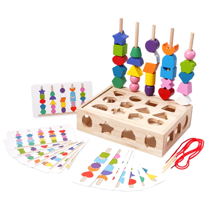 Toddlers Wooden Sorting Matching Blocks Box Toy Threading Geometry Blocks Colorful Stacking Blocks Educational Toys
