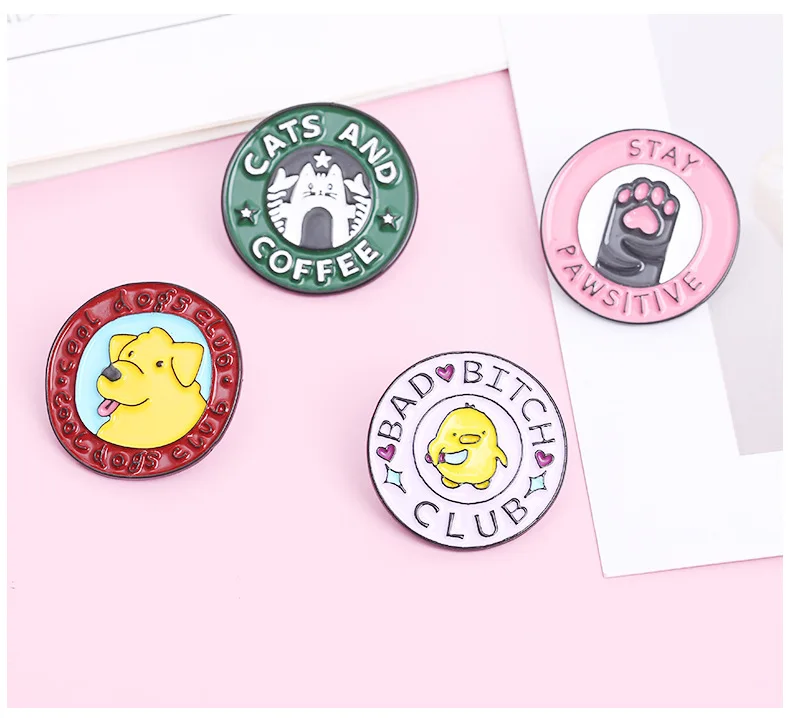 Cartoon Animal Circular Brooch Cute Cat Paw Dog Little Yellow Duck Emblem Cat Alloy Letter Pin Fashion Accessories