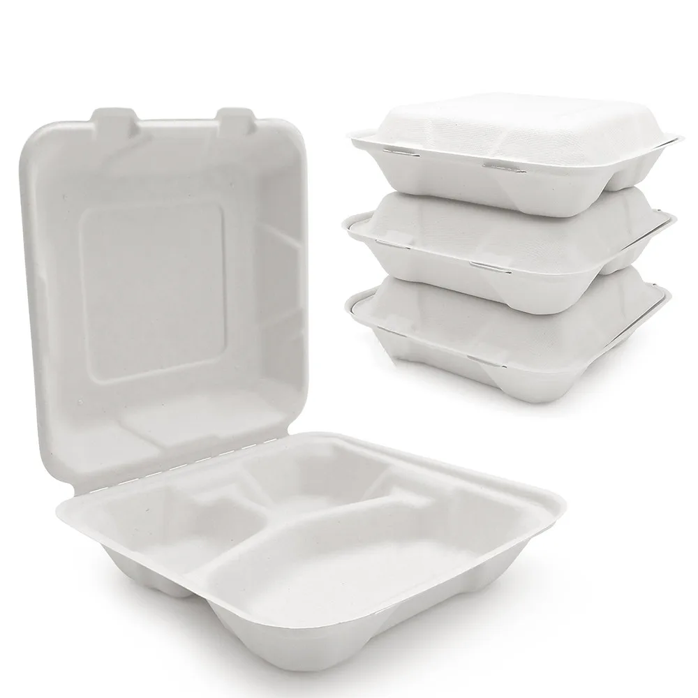 Sugarcane Bagasse Food Container 9 Inch Clamshell Food Box 3 comparts
