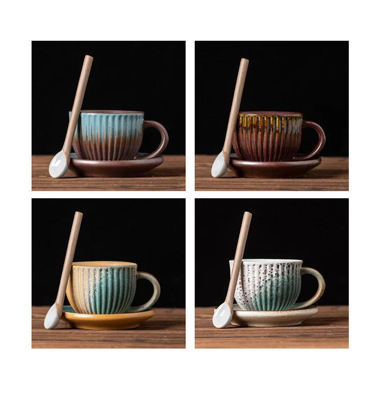 Japanese Retro Handmade Espresso Cup And Saucer Ceramic Set 220ml Striped Coffee Cup With Spoon And Saucer Set