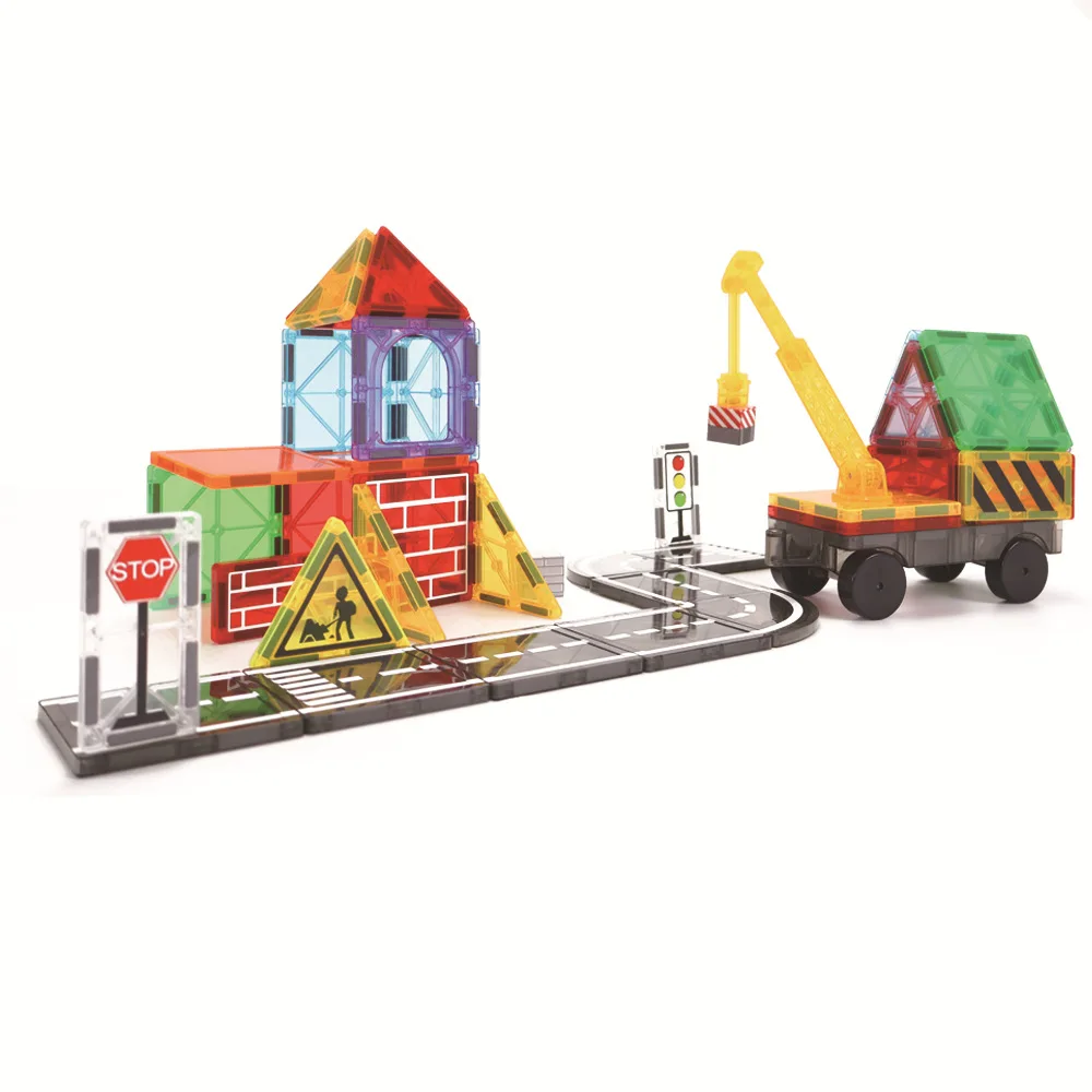 Kids Games Magnetic cube Building blocks Tiles Road Set with Extendable Magnetic Crane City Construction with Car for Toddlers