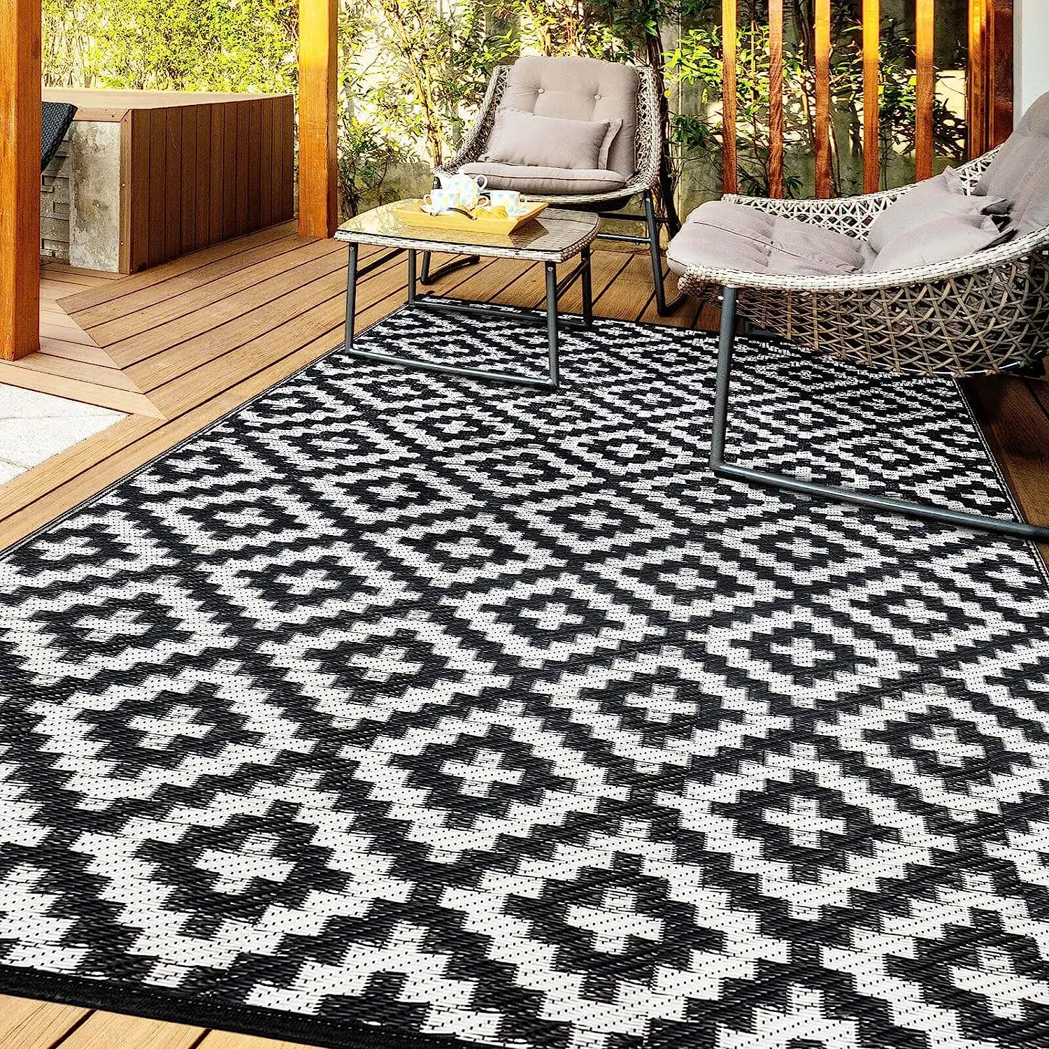 Super September Hot Sale Geometric Pattern 5x8ft Reversible Patio Garden Outdoor Plastic Straw PP Rug