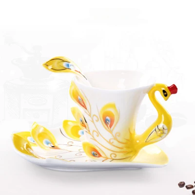 Unique Peacock Shape Elegant Porcelain Enamel Cup Wholesale Ceramic Tea Coffee Cups And Saucers