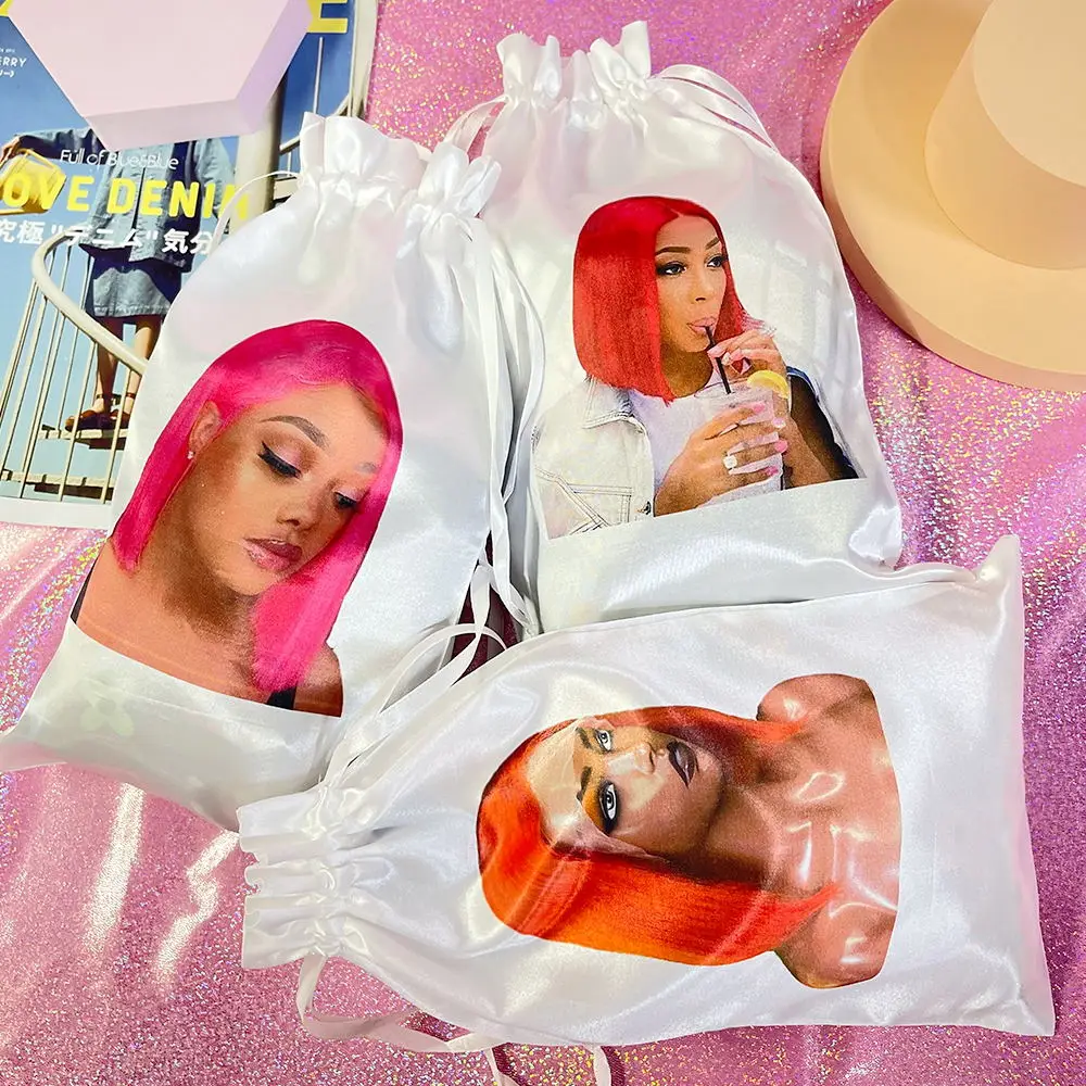 Custom branded human hair extension storage pouch wig, packaging satin bags black drawstring, bundle hair bags for bundles