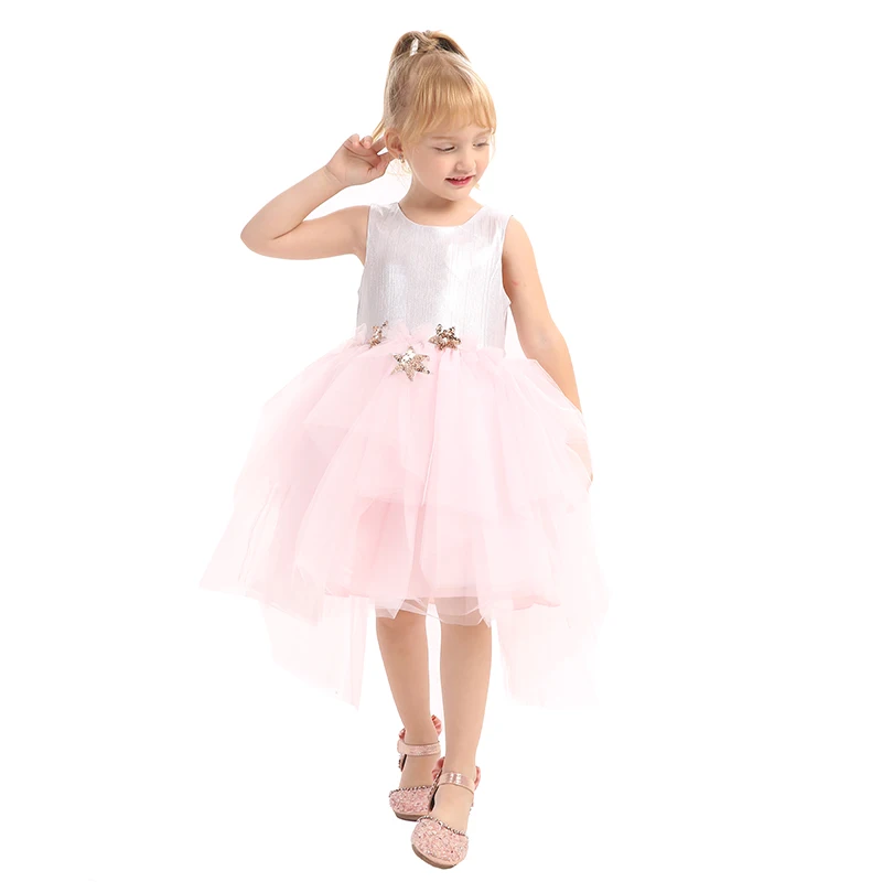 Fashion Asymmetry Baby Girl Wedding Dress Sleeveless Sequin Star Applique White Mesh Tutu Summer Party Girl Princess Dresses