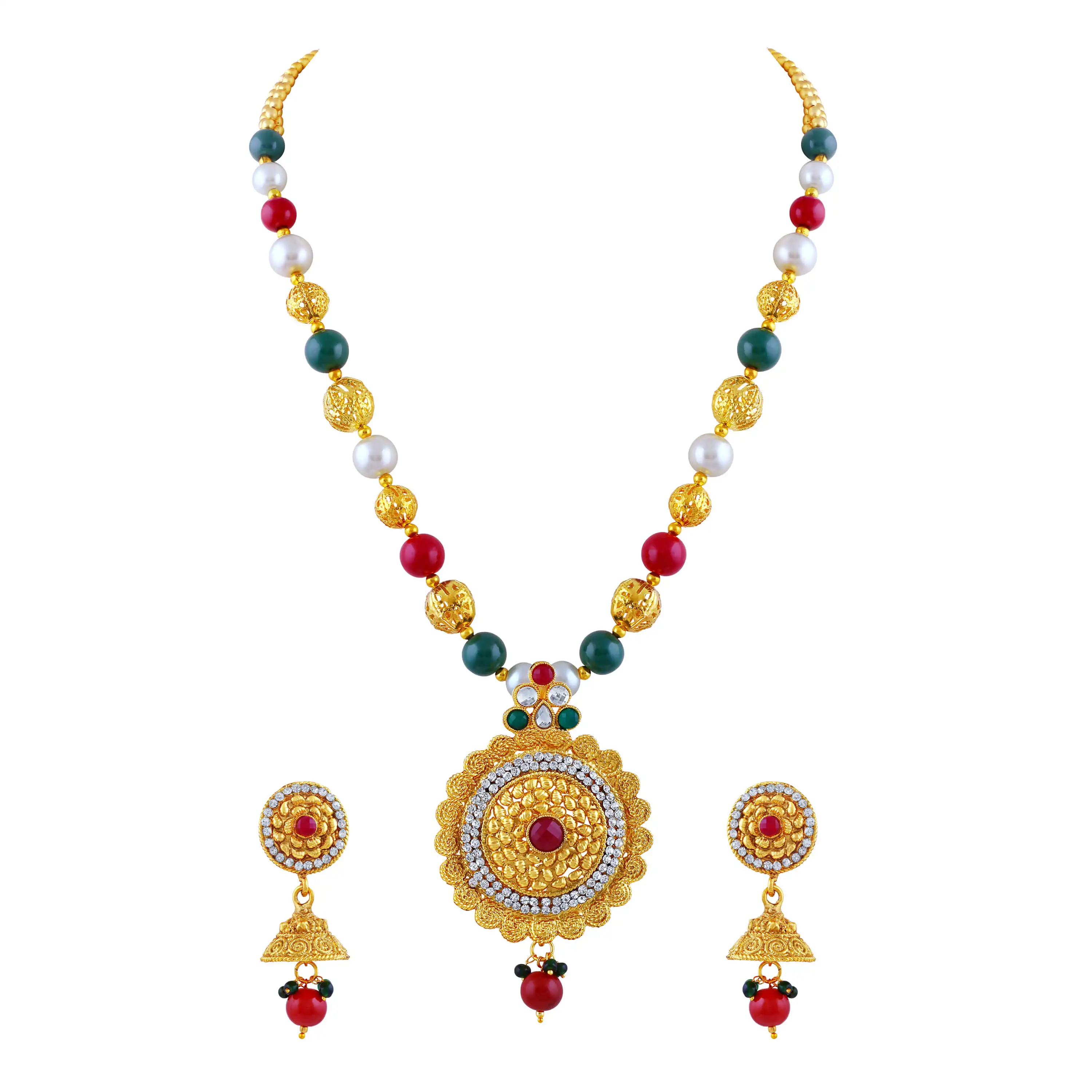 Wholesale Indian Hushab Creation Incredible Peacock Shape High Gold Plated Red Green Stone Matinee Style Necklace Set For Women