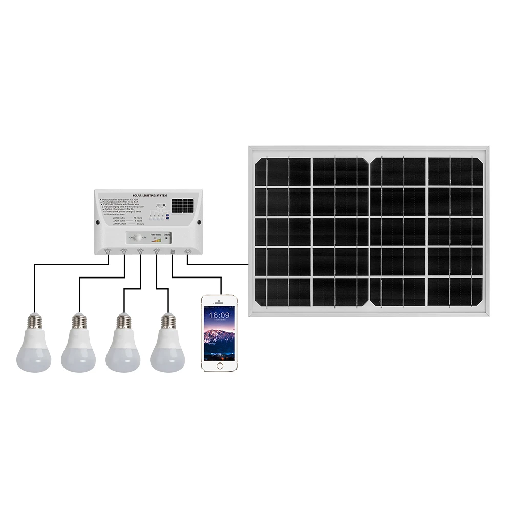 
12W small solar power supply system with 5 USB outlets 4 for light bulbs 1 ofr phone charge 