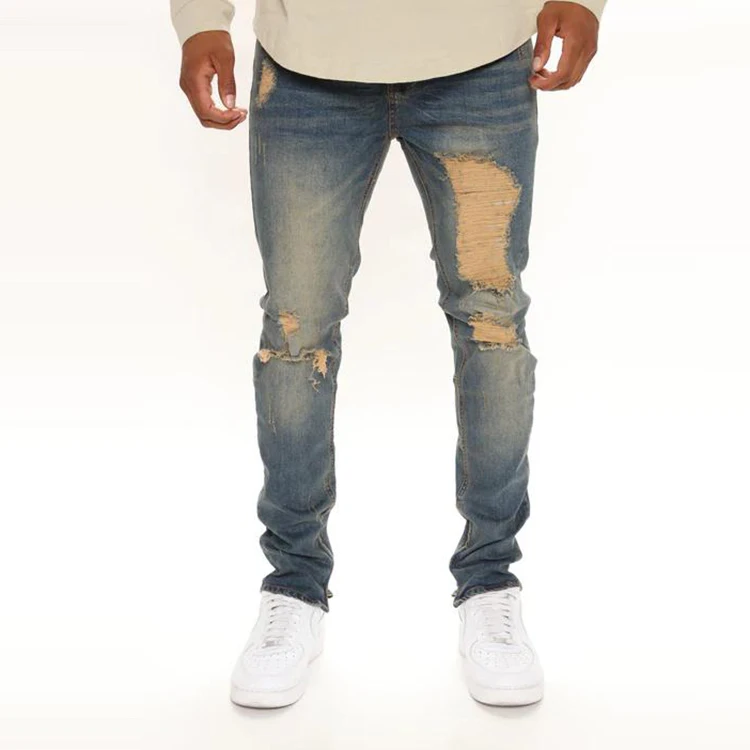 OEM/ODM zipper jeans pants trousers custom skinny washed distressed jeans for men