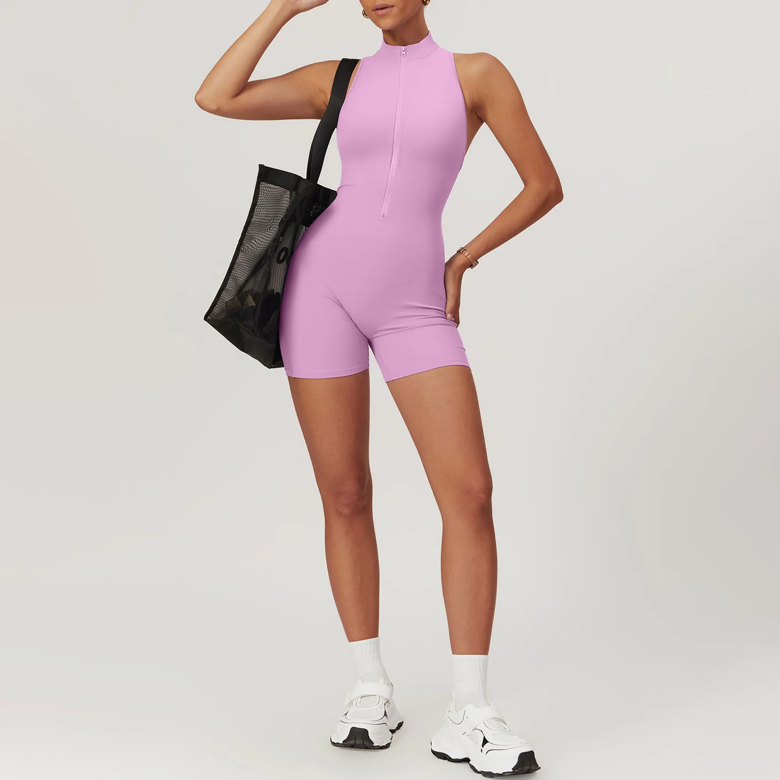 YIYI Half Zipper Sleeveless Workout Rompers Girls Beauty Back Scrunch Butt Gym Yoga One Piece Set Jumpsuits Playsuits Bodysuits