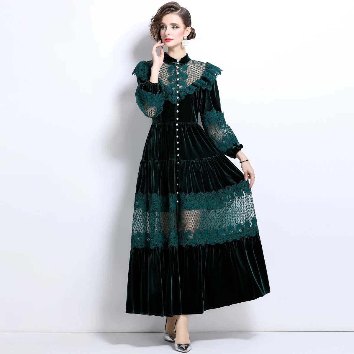 Droma water soluble lace ruffled single row pearl buckle ladies long sleeve beautiful dresses winter loose velvet green dress