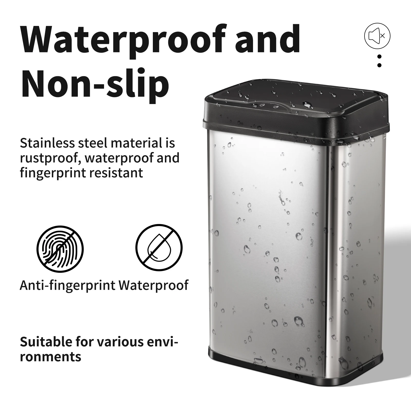 Stainless Steel Large Volume 50L Vibration Sensor Trash Can High Strength Brushed Dustbin with Infrared Sensor and Manual Switch