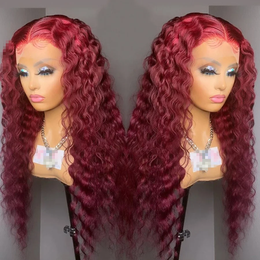 
Mink Brazilian Hair Vendor Alisa Gluless Deep Wave Lace Frontal Wig 99J Burgundy Wig with Baby Hair 