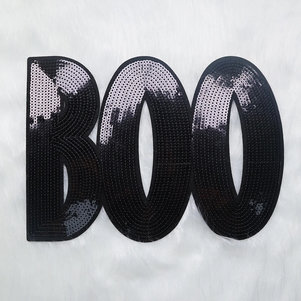 Wholesale Custom Sequin Boo Patches Iron On Halloween Sequin Patches Glitter Embroidery Letter For Clothing