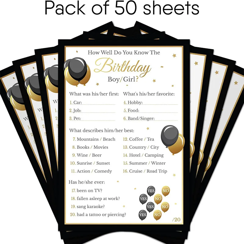 Custom Printing Double Sided Birthday Party Games How Well Do You Know The Birthday Boy or Girl Game Cards