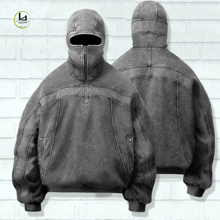 huilin wholesale manufacture heavyweight 100% cotton ninja hoodie men custom half face vintage wash patchwork hoodie