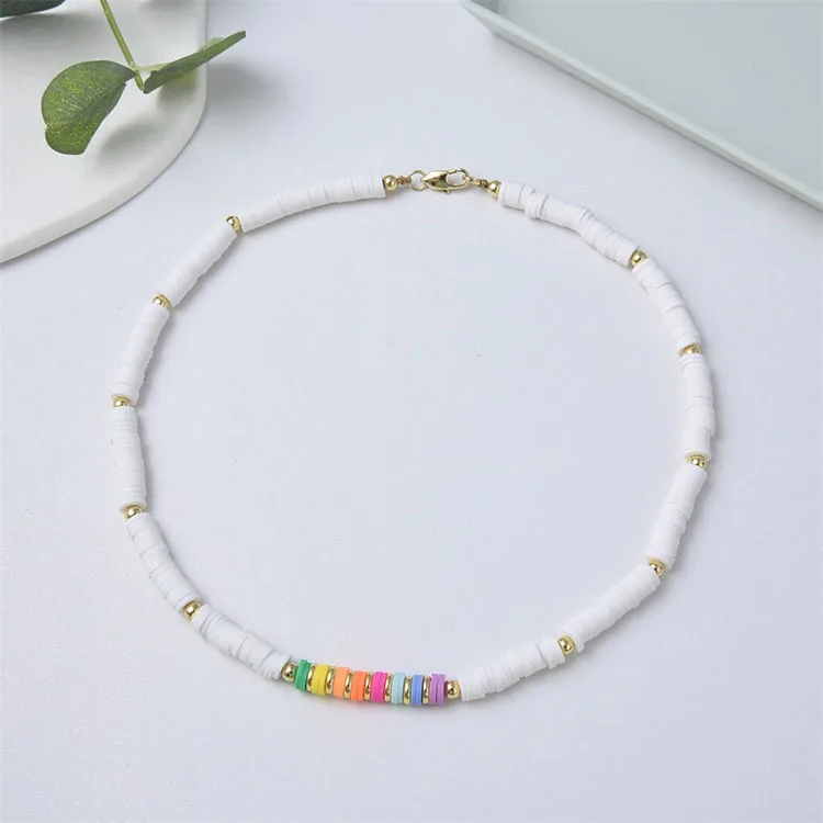 NM1235 Bolo Vintage Ethnic Colorful Polymer Clay Disc Bead and Tiny Gold Beads Boho Heart Pendant Necklace Femme Beach Necklace