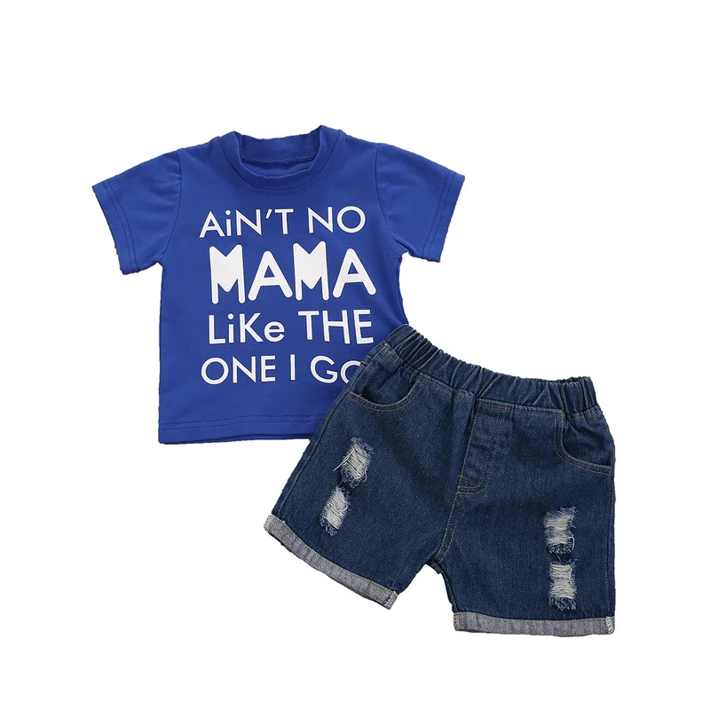 
Bulk wholesale kids summer boy print short sleeve with jeans shorts children kids clothes set kids 