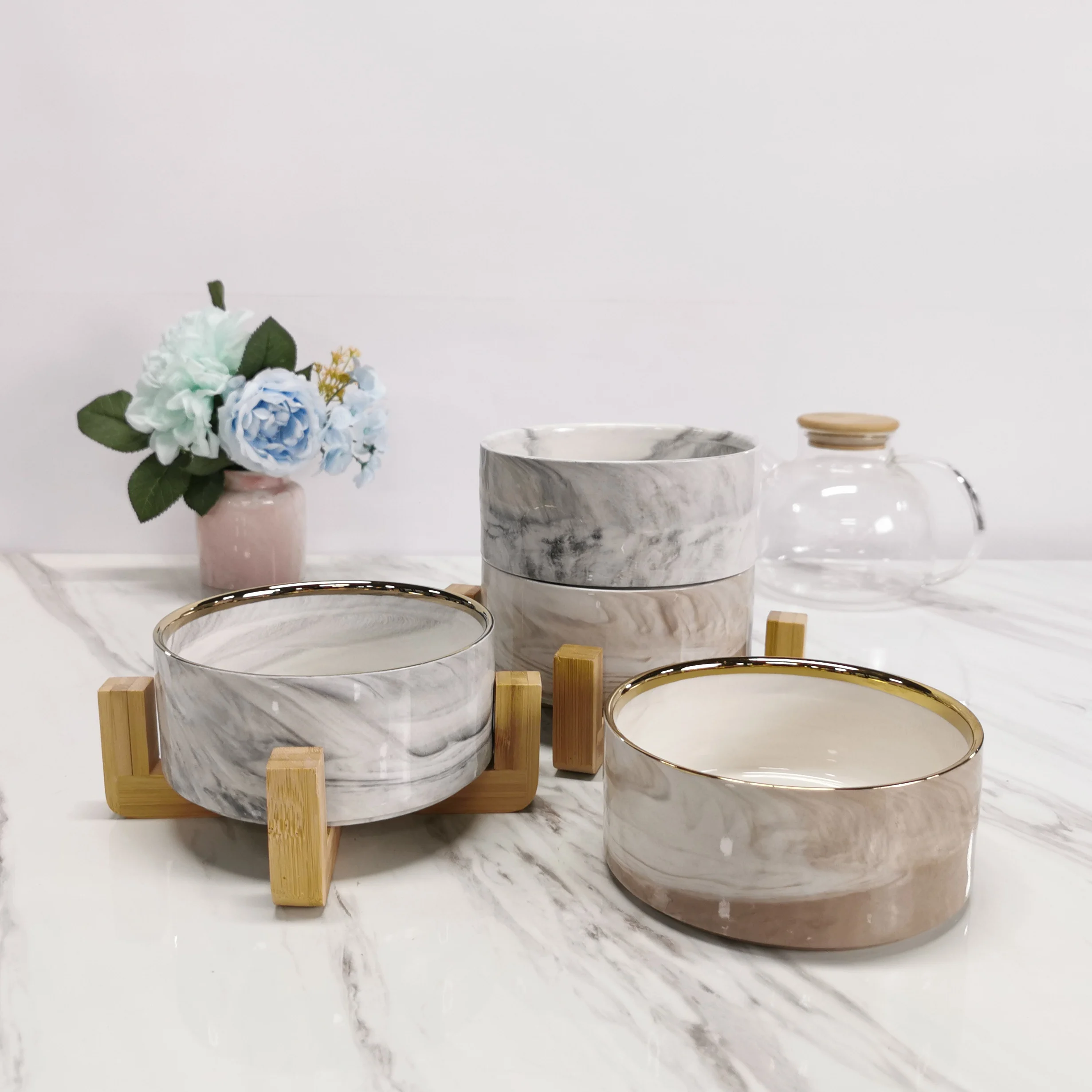 New design italian white marble look 6 inch with bamboo stand gold rim luxury pet cat dog bowl food round bowl marble