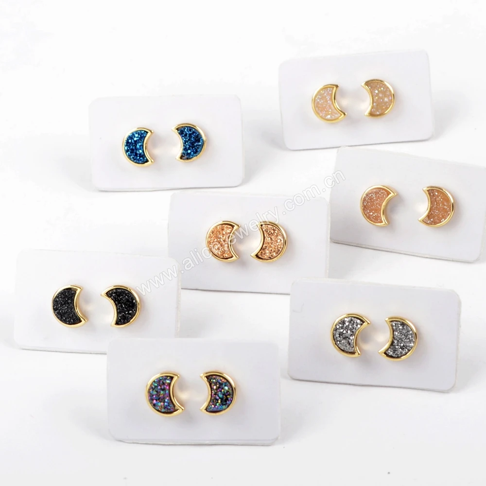 ZG0282 Tiny Gold Moon Shape Druzy Stud Earrings Gold Plated Bezel Druzy Earrings