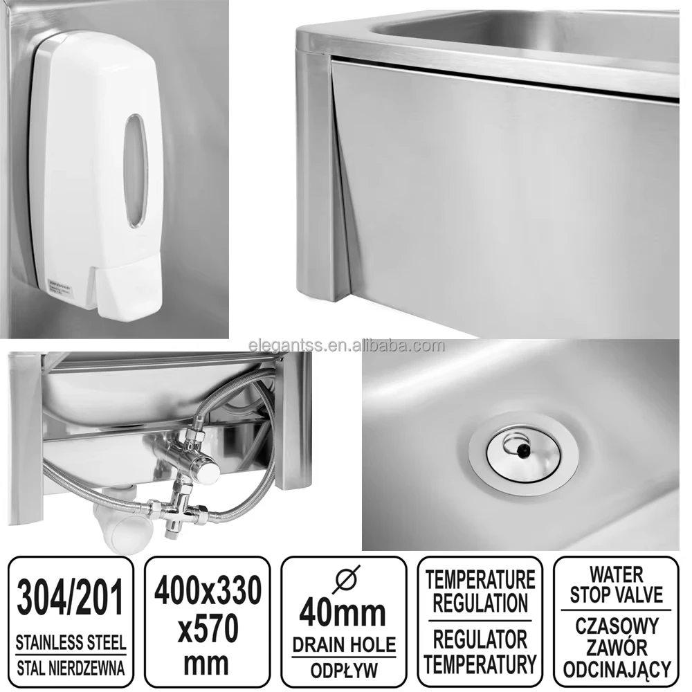 Commercial Kitchen Wall Mounted Stainless Steel Knee Push Operated Sink